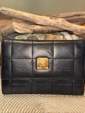 MCM Black Quilted Leather Fold Wallet with Gold Plaque